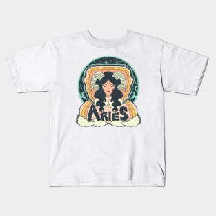 Retro Psychedelic Aries Woman with Horns Kids T-Shirt